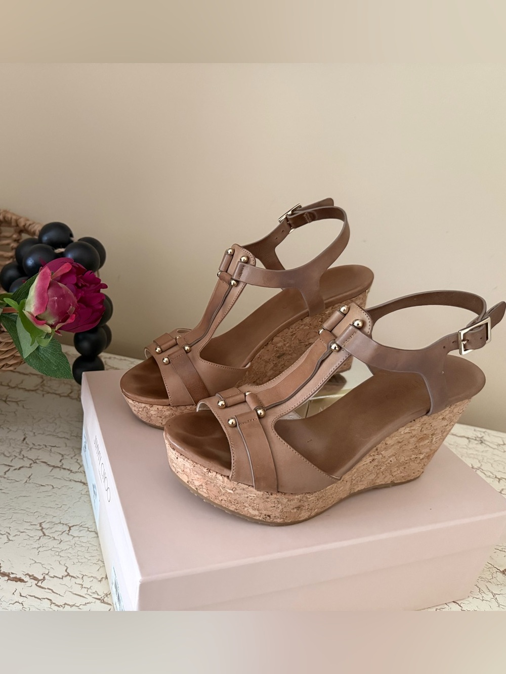Jimmy Choo Pilar Nude Vachetta Leather Cork Wedge Sandals Size 38